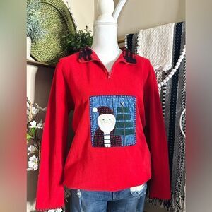 Vintage Ugly Christmas Primitive Santa Whip Stitch Qtr Zip Fleece Sweatshirt